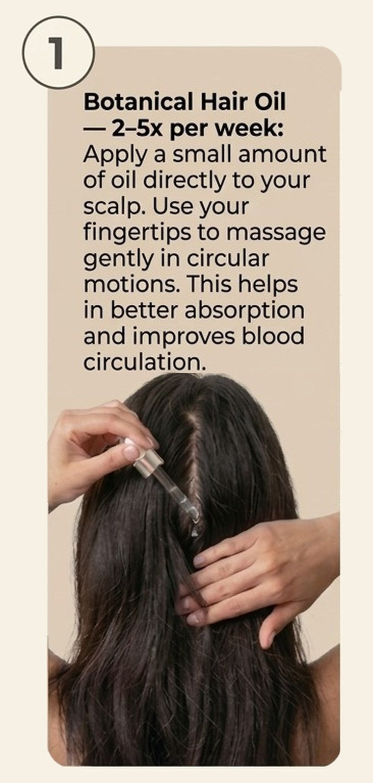 Step 1, Botanical Hair Oil, 2 to 5 times per week: apply a small amount of oil directly to your scalp and massage gently in circular motions with your fingertips for better absorption and blood circulation.