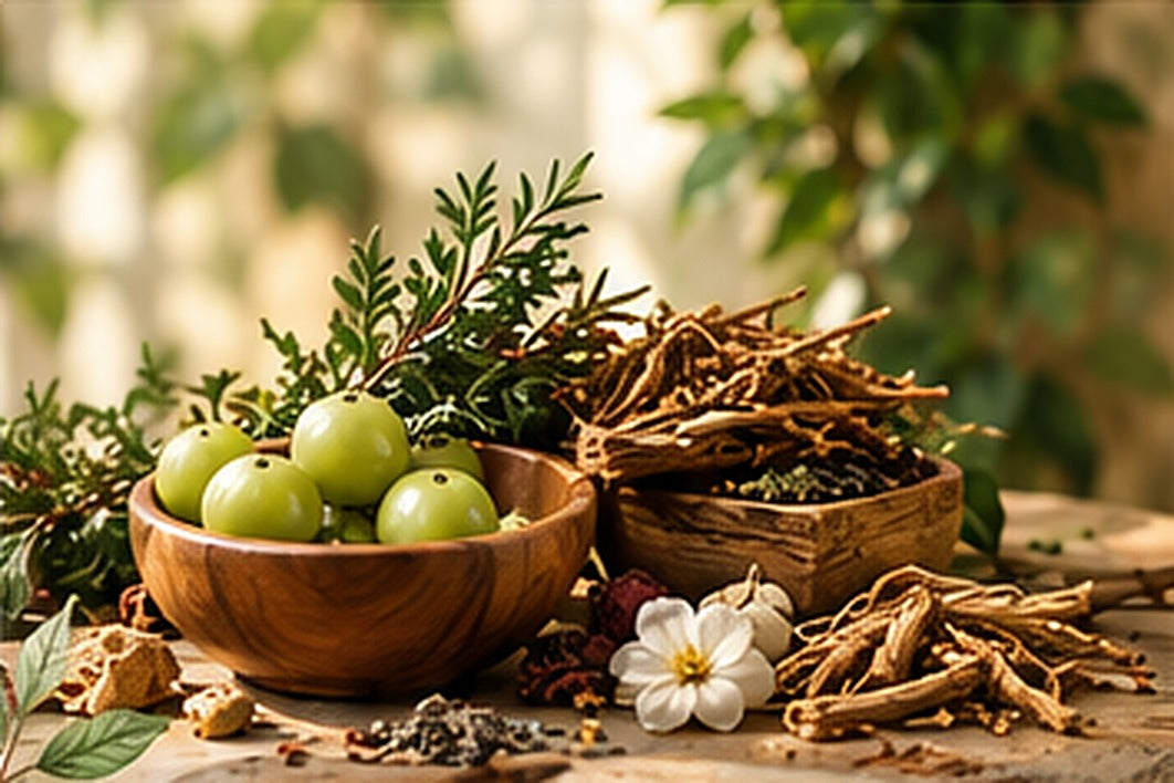 Amla in a wooden bowl, ratanjot roots and rosemary on a rustic table