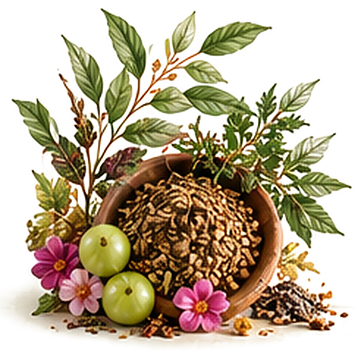 Wooden bowl of botanical herbs with amla, flowers and leaves
